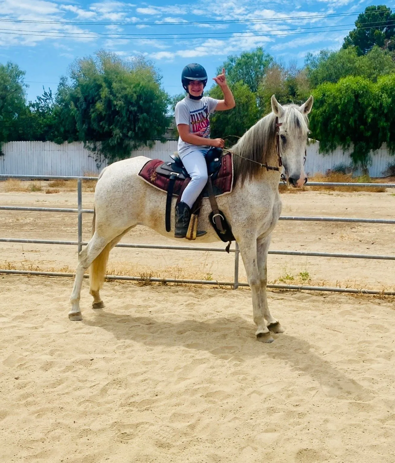A rider and white horse during an outdoor EEF lesson.