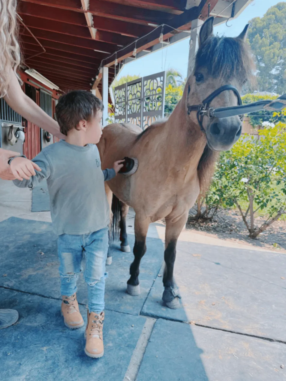 A participant spending time beside a horse.
